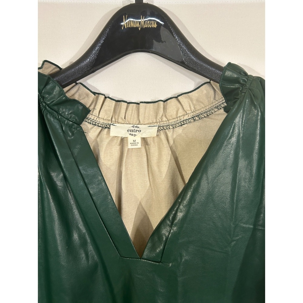 Entro Faux Leather Tiered‎ Ruffle Sleeve Dress Minimalist Neutral Green Sz M - Picture 9 of 10